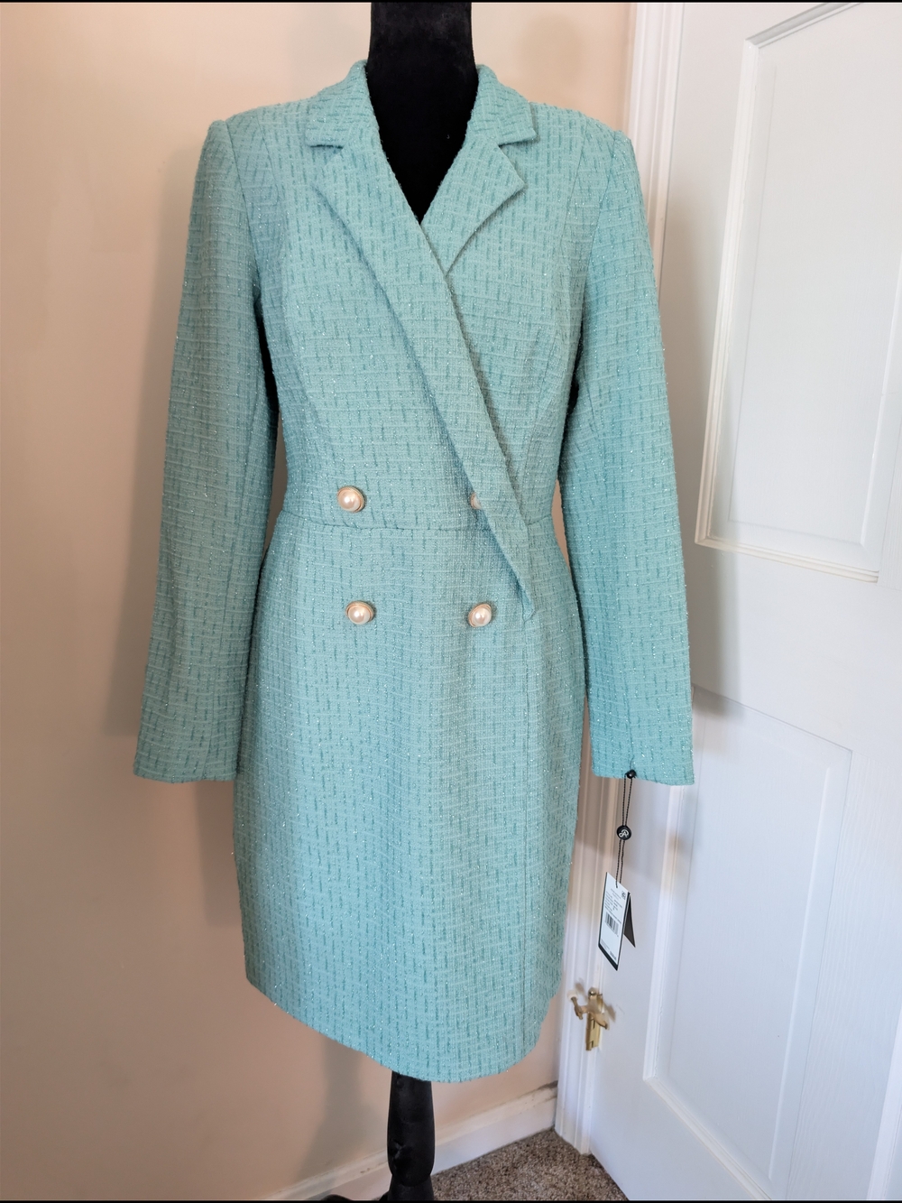 NWT Adrianna Papell Sage Tweed Tuxedo Blazer Dress Pearl Buttons 8